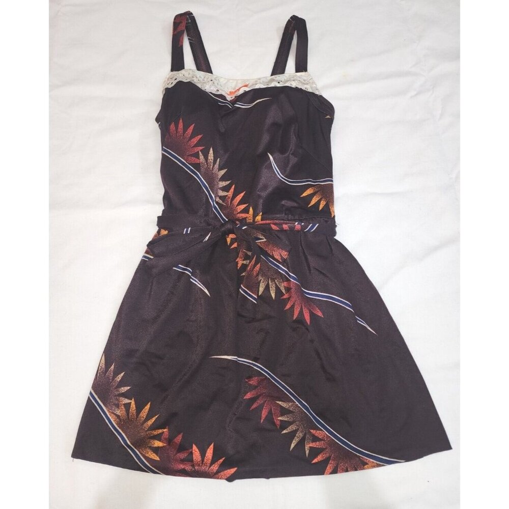 Chocolate Brown 1950s One-Piece Swim Dress with Lace Trim